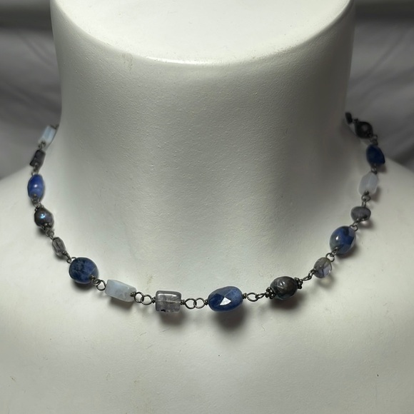 Vintage 925 Sodalite Labradorite Milky Quartz Amethyst & Pearl Choker Necklace - Picture 1 of 5
